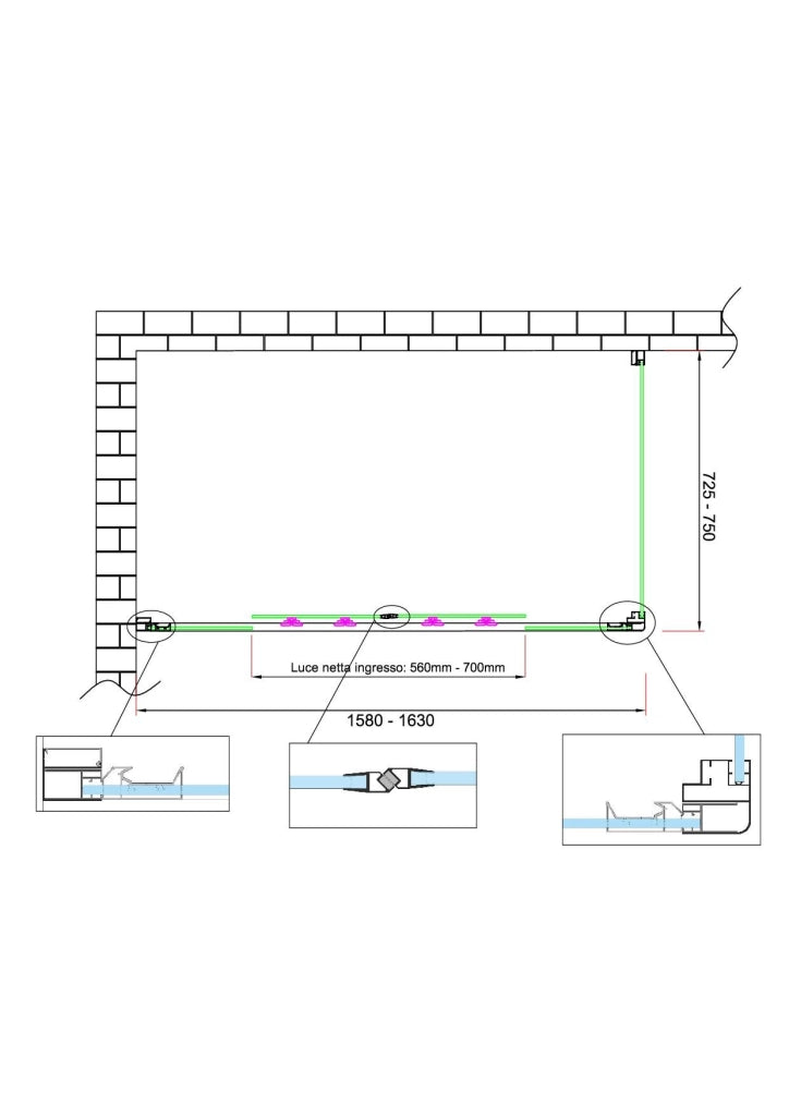 Box doccia 6 mm H 190 parete fissa e porta a 4 ante con apertura centrale MISURA 72,5-75 ANTA FISSA + PORTA 158-163
