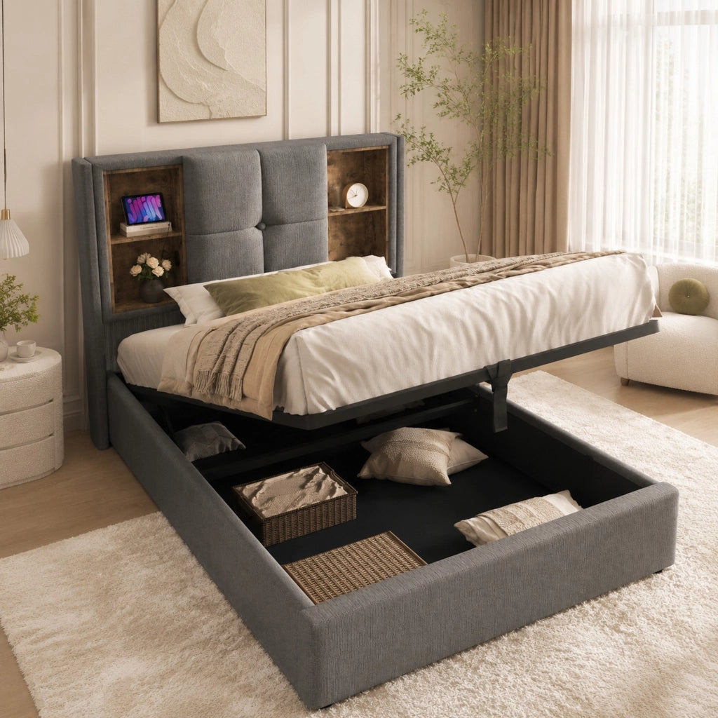 LETTO Contenitore 90x200 cm Grigio in cotone con ricarica wireless USB-C