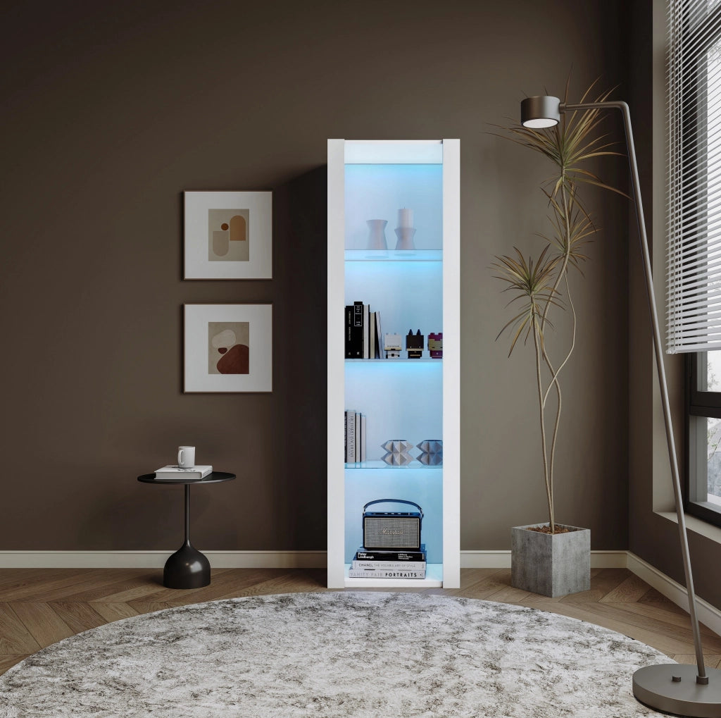 Vetrina alta bianca lucida con LED; 3 ripiani in vetro; 55 x 38 x 166 cm