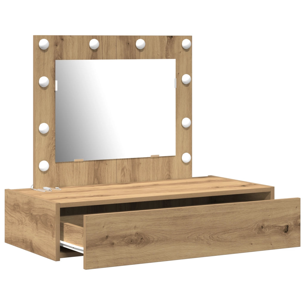 Tavolo trucco montato a parete con luci LED in rovere artigianale