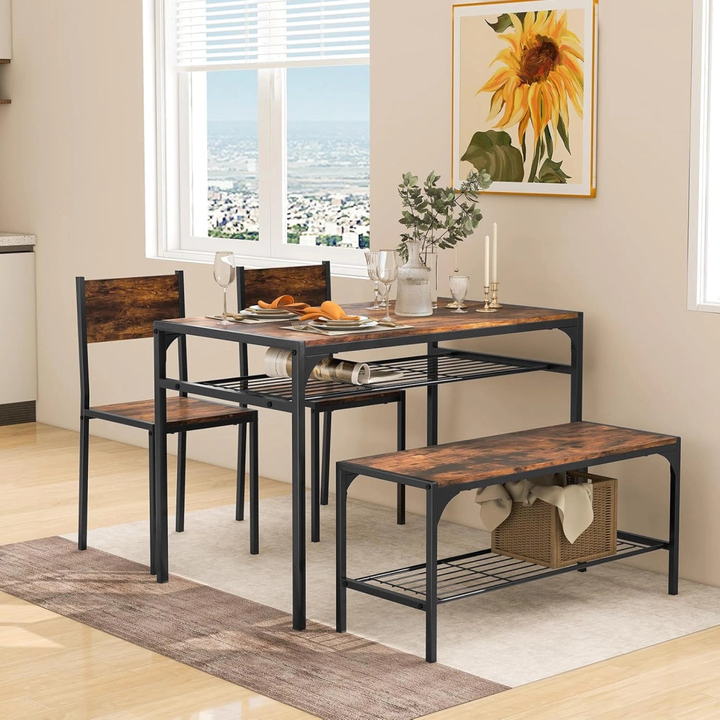 Set da Pranzo 4 Pezzi, Tavolo da Pranzo Industriale con 2 Sedie e Panca, Mobili da Cucina con Telaio in Metallo, Ripiano Portaoggetti(Marrone)