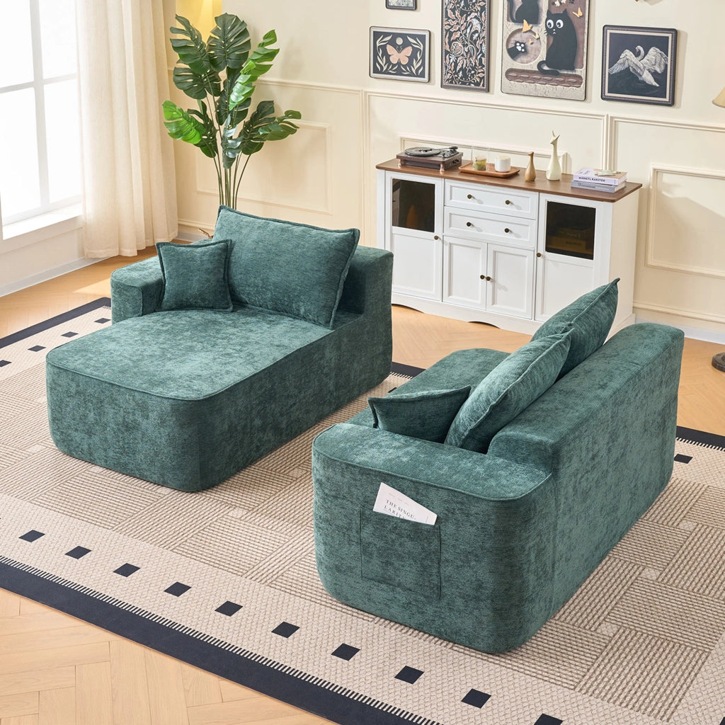 OKWISH Divano ad Angolo Modulare, Senza Montaggio, Seduta Profonda e Chaise Longue, 2 Moduli, Ciniglia, Verde