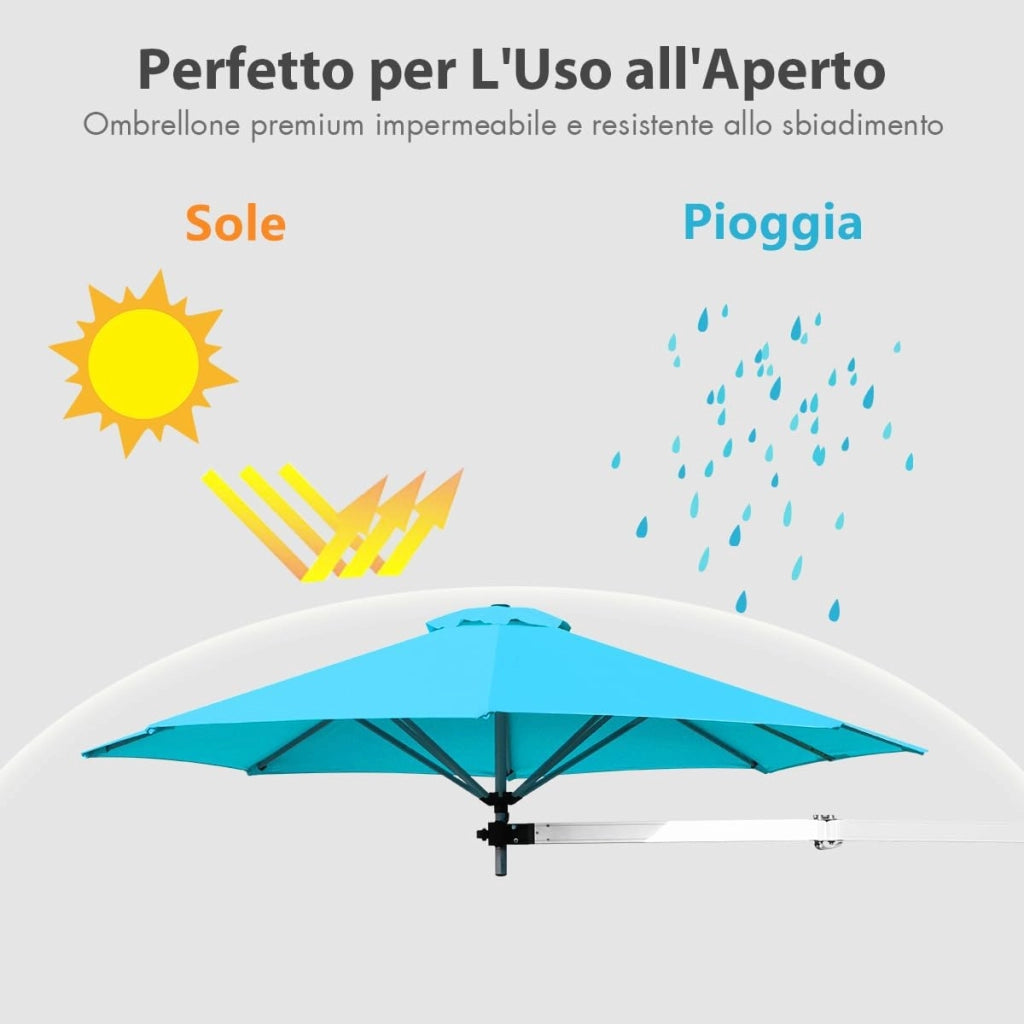Ombrellone da Parete 247 cm, Ombrellone da Muro per Giardino con Angolo Regolabile, Parasole Esterno Pieghevole Anti UV, per Giardino, Balcone e Cortile (Turchese)