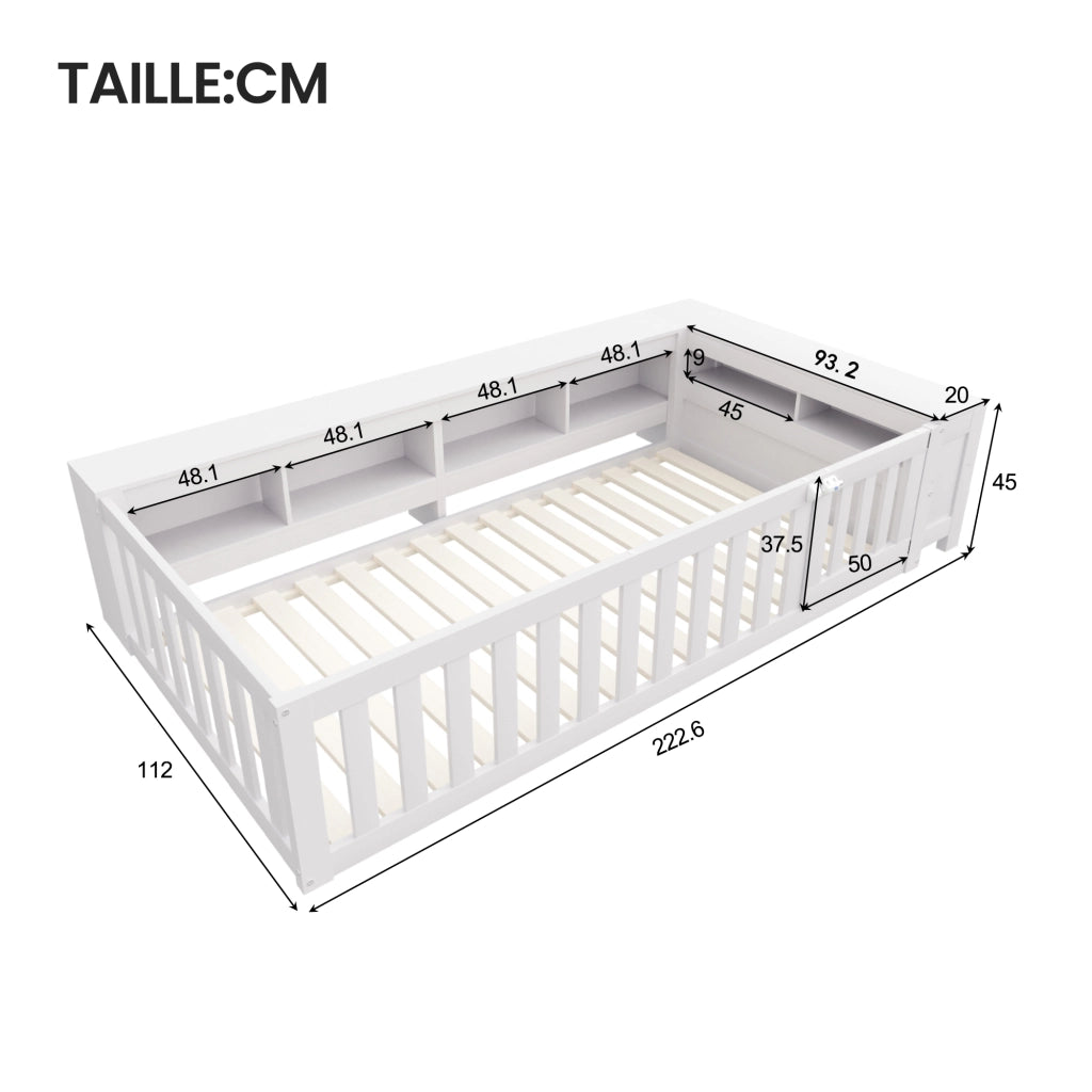 Letto per Bambini 90x200 cm; Letto Basso con Contenitore; Sponde e Sportello; in Legno Bianco