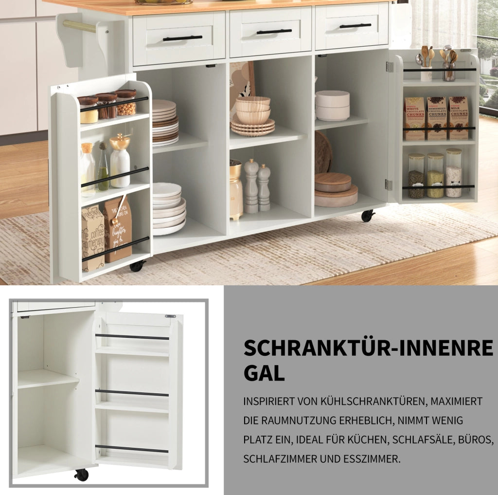 Carrello da cucina con piano ribaltabile e cassetti, bianco