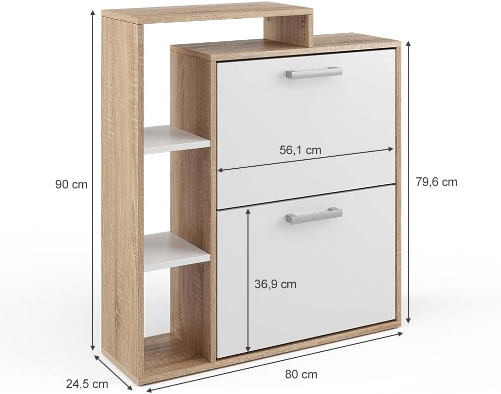 Scarpiera da ingresso Orlando, Bianco/Sonoma, 24.5 x 90 cm, con due ripiani ribaltabili per riporre le scarpe in modo salvaspazio