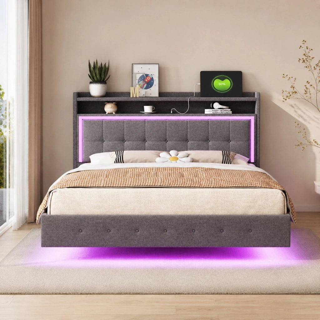 Letto imbottito 140x200 con USB e luci LED; piedi nascosti; grigio