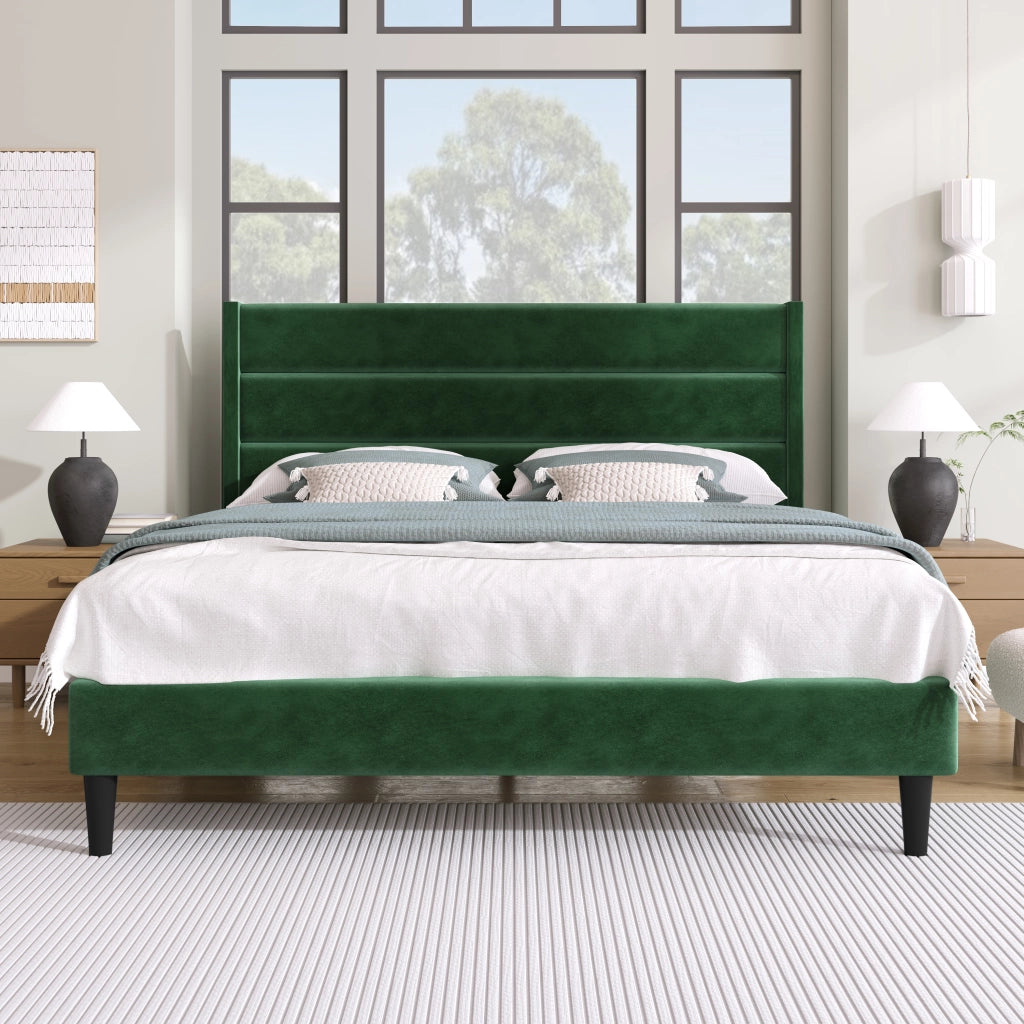 Letto Matrimoniale 140 x 200 cm con Testiera Imbottita; senza Materasso; in Velluto; Verde Scuro
