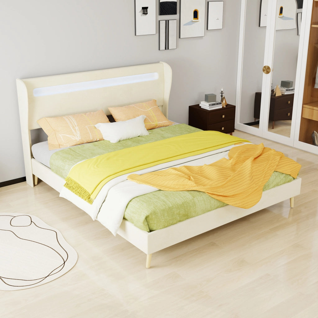 DESMIU Lit simple 160 × 200 cm con LED regolabile e schienale regolabile, senza materasso, in tessuto, beige