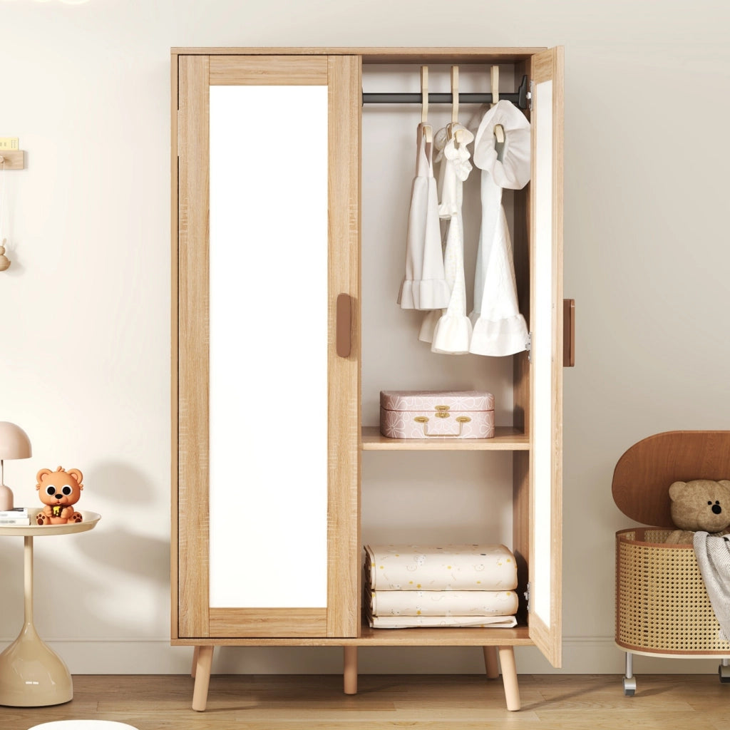 Armadio per bambini, a due ante con asta appendiabiti, 80 x 46 x 141,5 cm, bianco e color legno