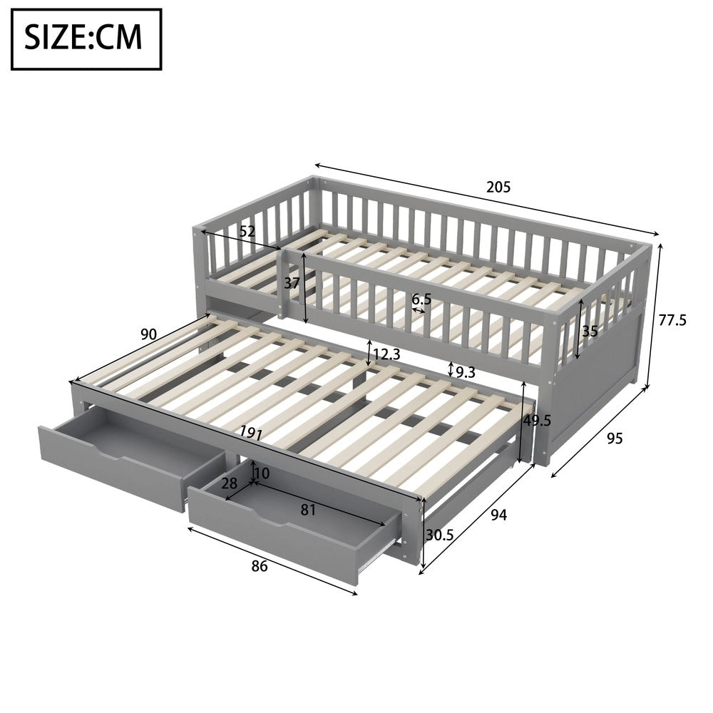 Letto in Legno Massello con 2 Cassetti e Rete a Doghe ¨C MINIMAL ¨C Grigio 90x200