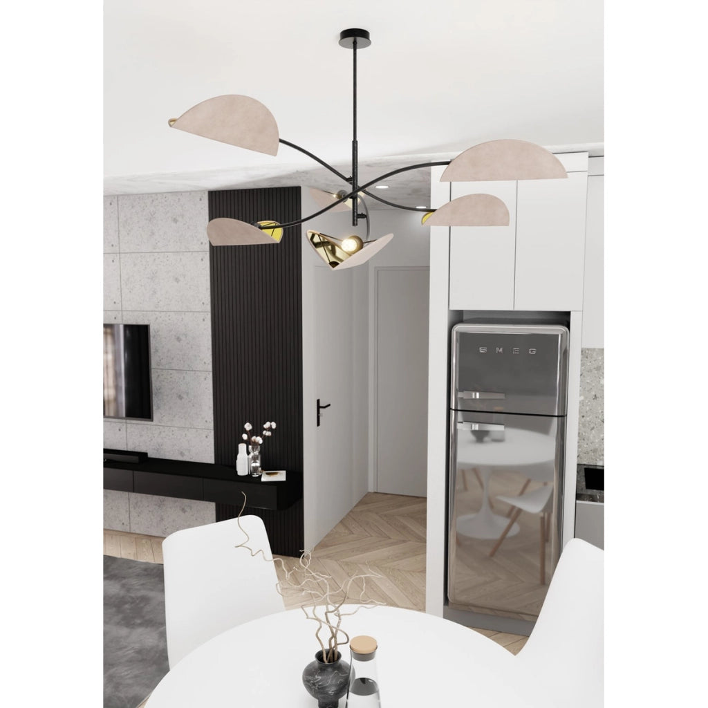 Lampada a sospensione Lotus in acciaio nero e velluto grigio