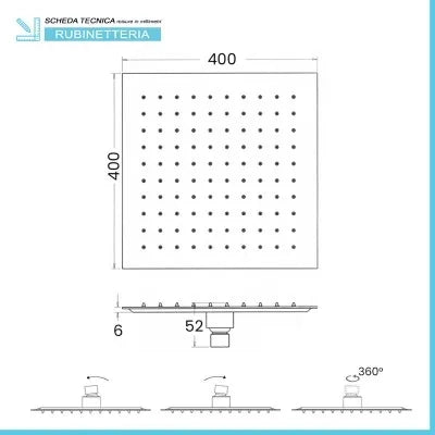 Soffione doccia quadrato 40x40 cm nero opaco in acciaio inox