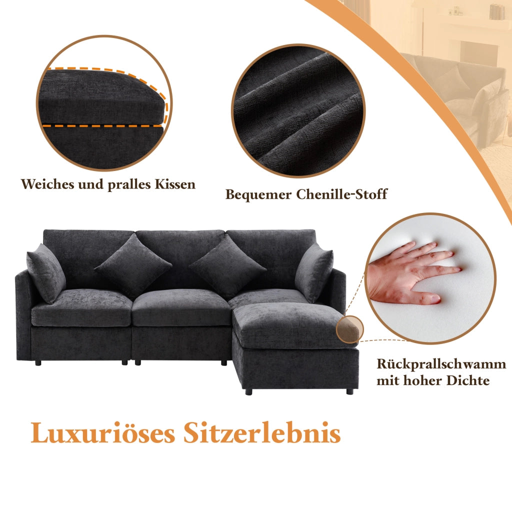 Divano Angolare Modulare con Pouf Mobile e 4 Cuscini; Convertibile in 3 Posti; in Ciniglia; Grigio; 216 × 161 × 81 cm