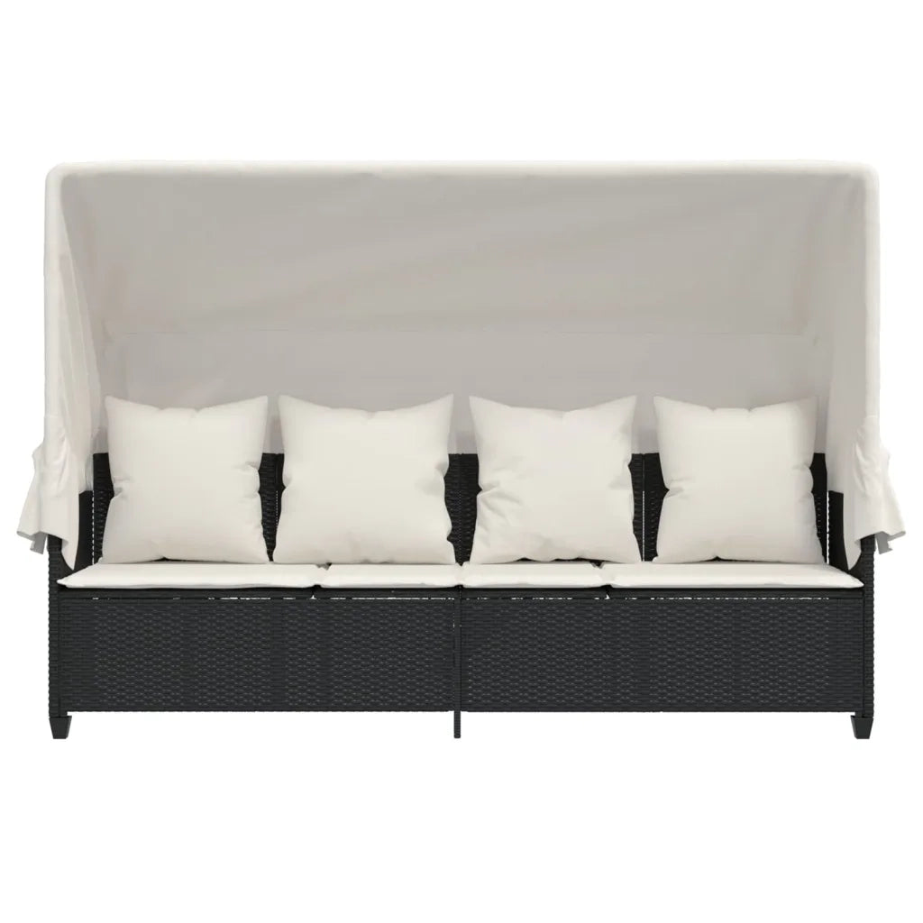 Lettino Prendisole con Baldacchino e Cuscini Nero Polyrattan 368353
