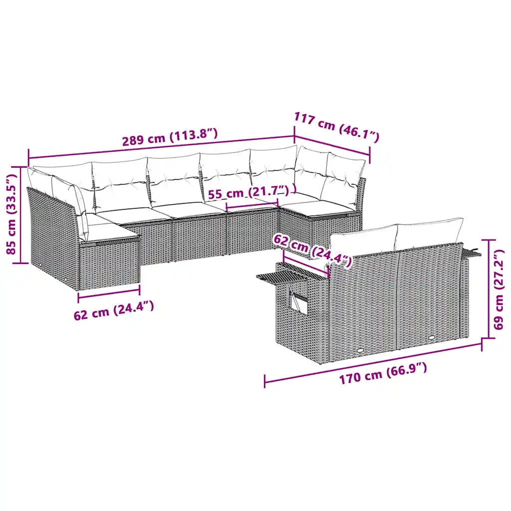 Set Divano da Giardino 9pz con Cuscini Grigio Chiaro Polyrattan