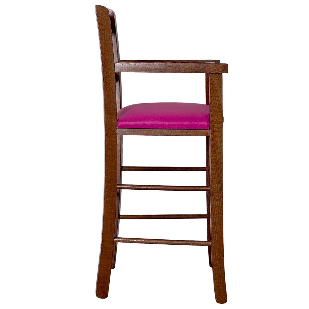 Seggiolone in legno color noce scuro con seduta imbottita in similpelle lilla