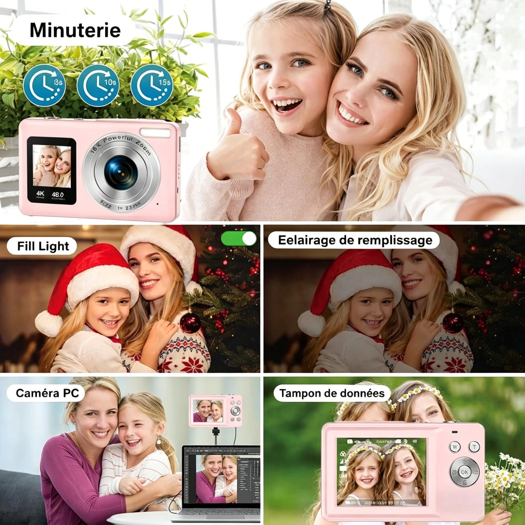 Fotocamera per bambini compatta 1080P schermo LCD 24" zoom 18X con scheda Micro SD 32G - Colore Rosa