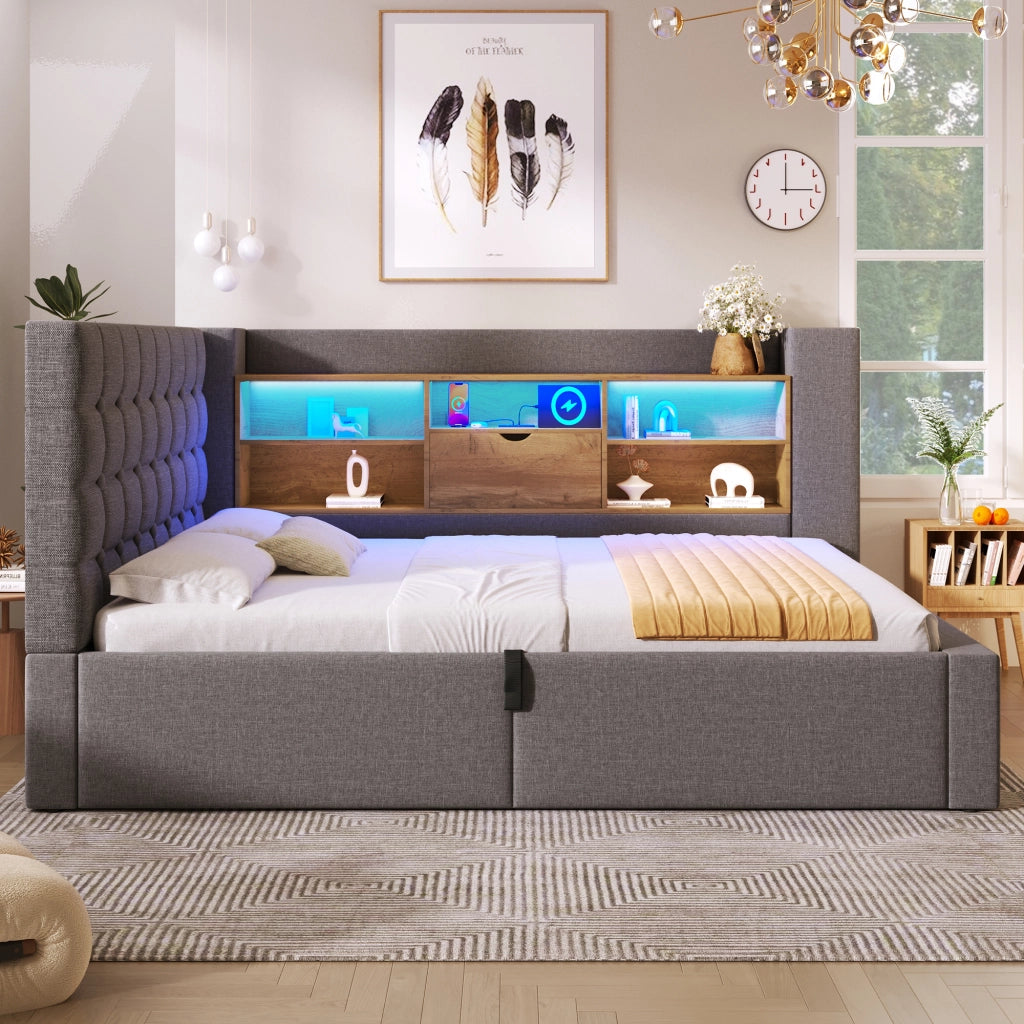Letto imbottito idraulico con illuminazione a LED 90x200 cm colore grigio lino