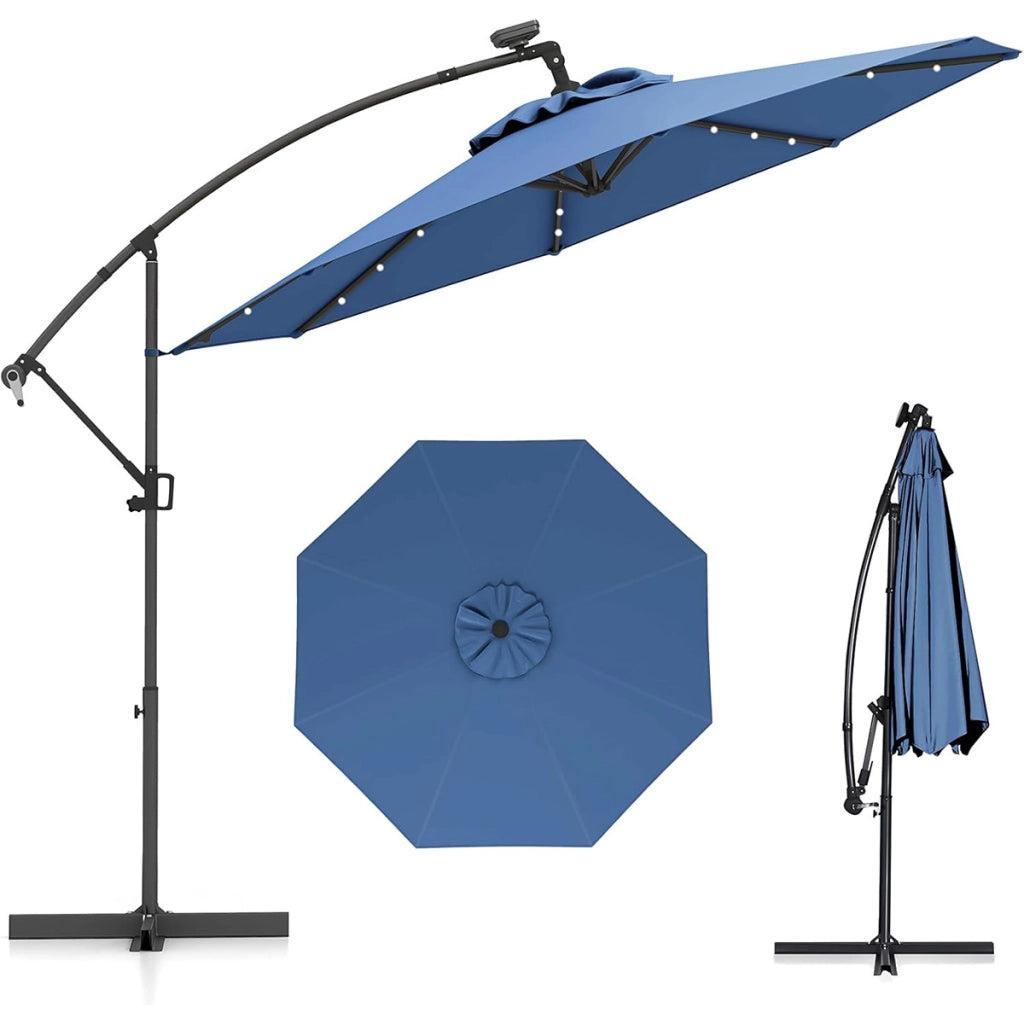 Ombrellone da giardino 300 cm con 32 luci led per piscina e altri spazi esteriori-Ombrellone girevole con inclinazione regolabile esteriori  Blu