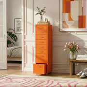 Cassettiera Kökar in Acciaio Mobile Archivio con 8 Cassetti e Rotelle - Arancione [en.casa]