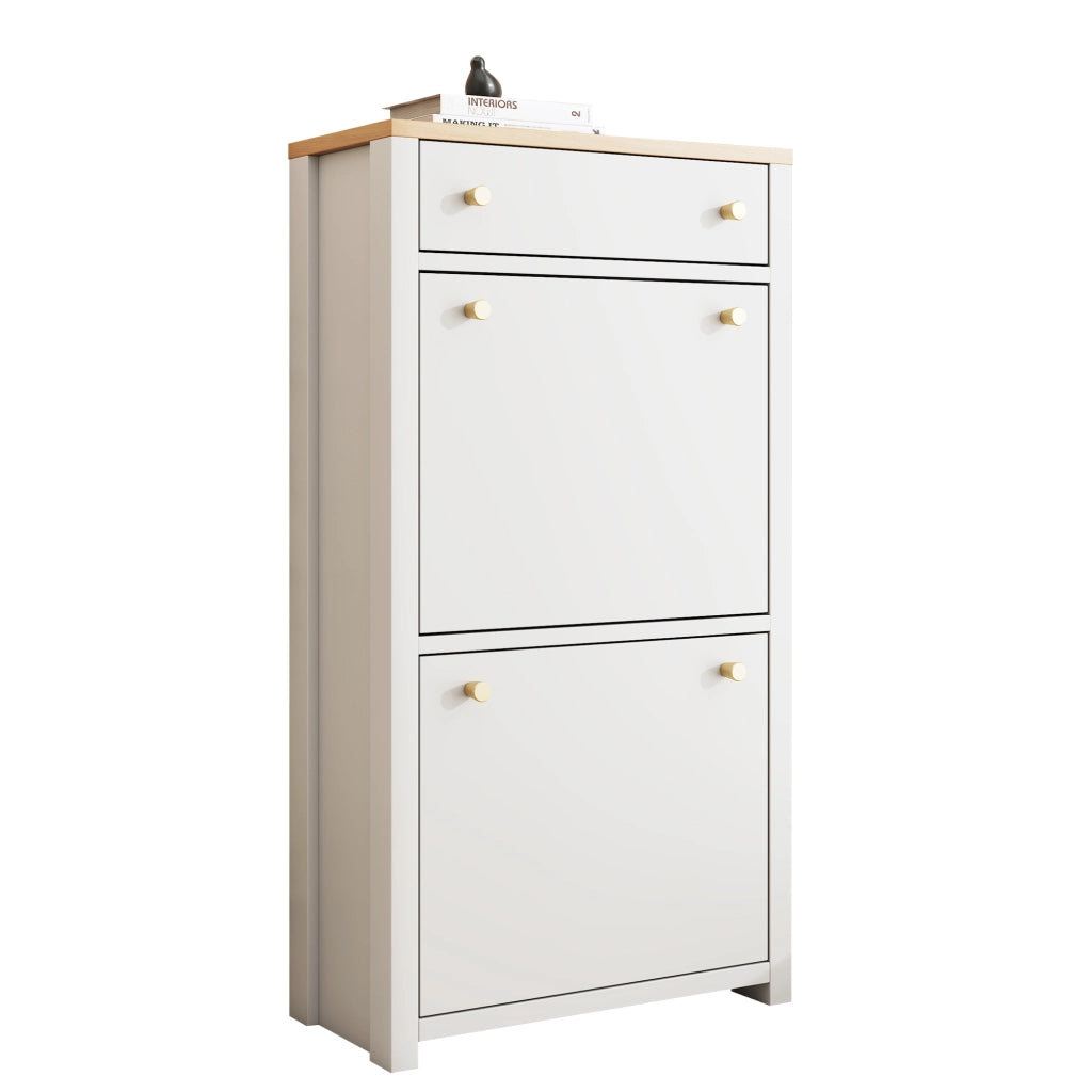Scarpiera slim a ribalta con cassetto, 2 ante e ripiani regolabili, MDF bianco effetto legno, 50 x 25 x 95 cm