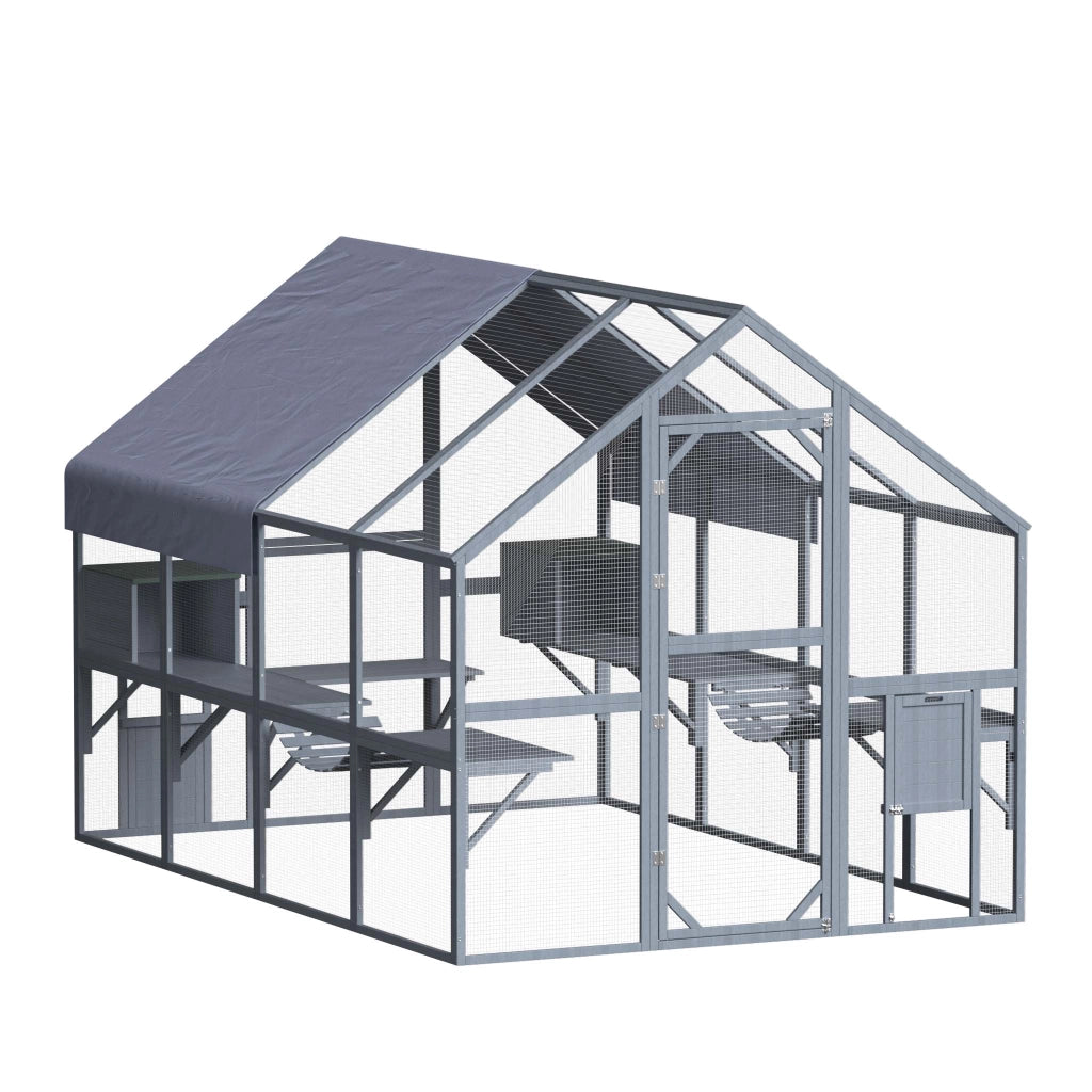 Recinto per gatti da esterno 280 x 187 x 187 cm, recinzione antifuga in legno con telo di copertura impermeabile per il tetto, diversi livelli, per giardino, balcone, terrazzo