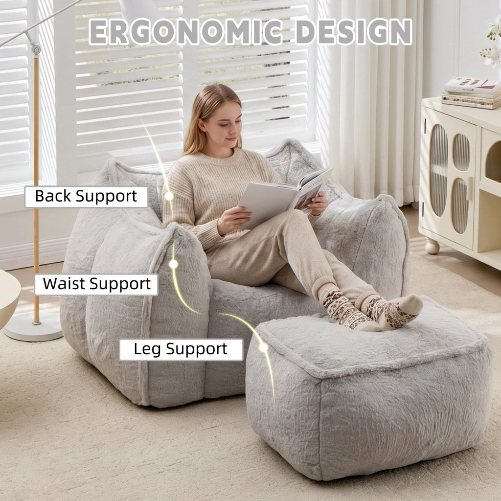 Pouf poltrona ergonomico con poggiapiedi e imbottitura in schiuma, per soggiorno, in pelliccia sintetica grigio