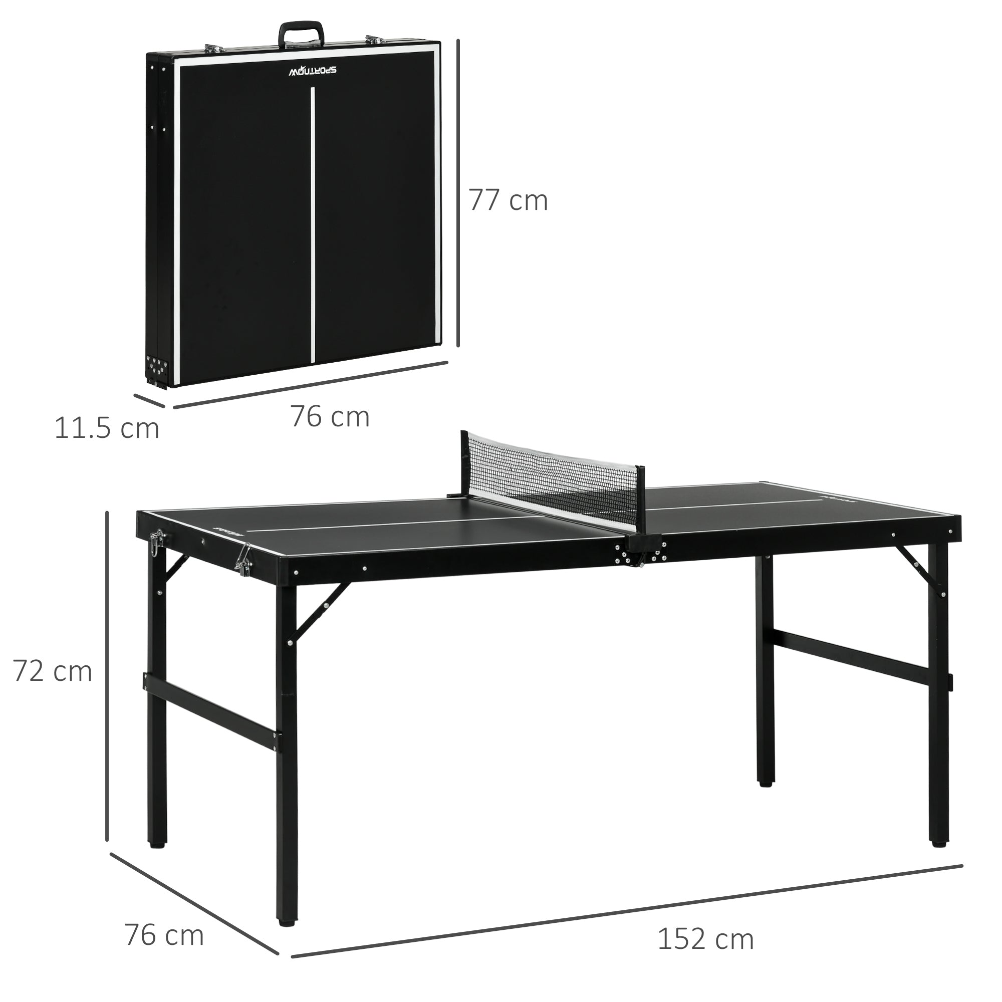 Tavolo Ping Pong Pieghevole 152x76x72 cm con Maniglia da Trasporto in Alluminio e Legno Nero