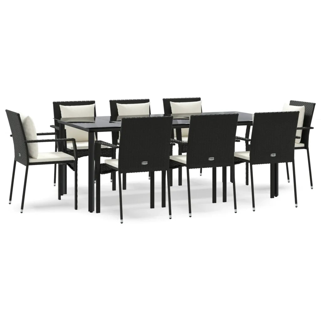 Set da Pranzo da Giardino 9 pz con Cuscini Nero in Polyrattan