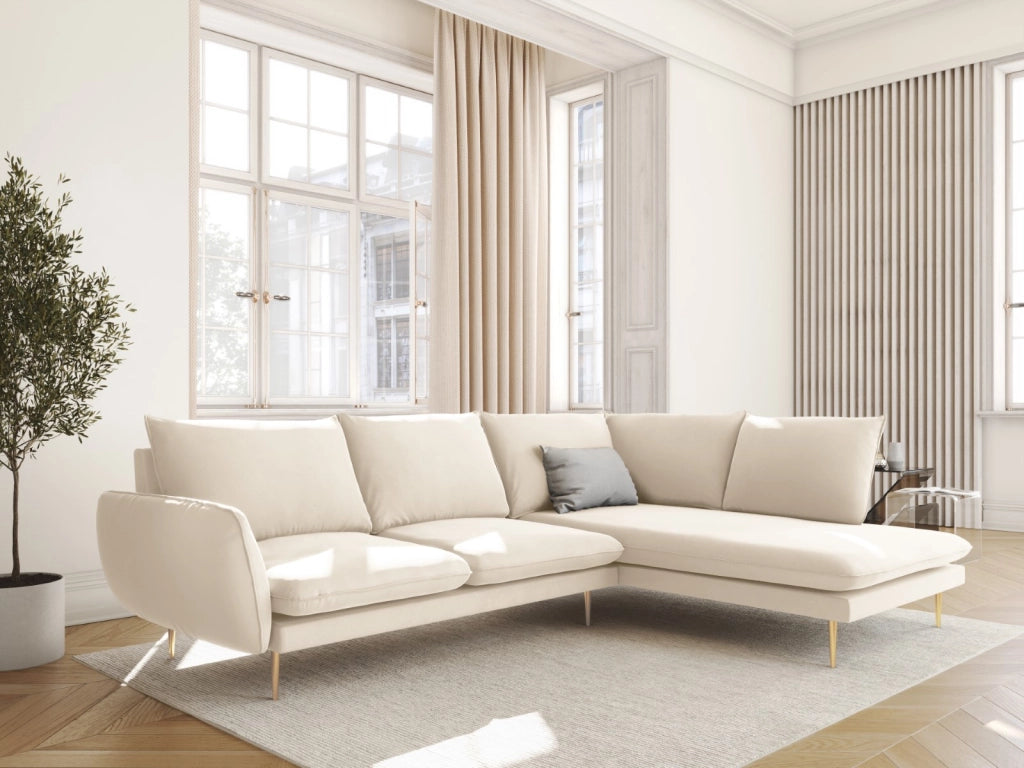 Cosmopolitan Design - Divano angolare destro "Vienna" 6 posti in velluto beige chiaro 