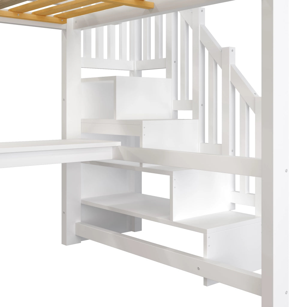 Letto a Soppalco 140x200 cm con Scrivania; Scaffali; Armadio; Scala e LED Bianco