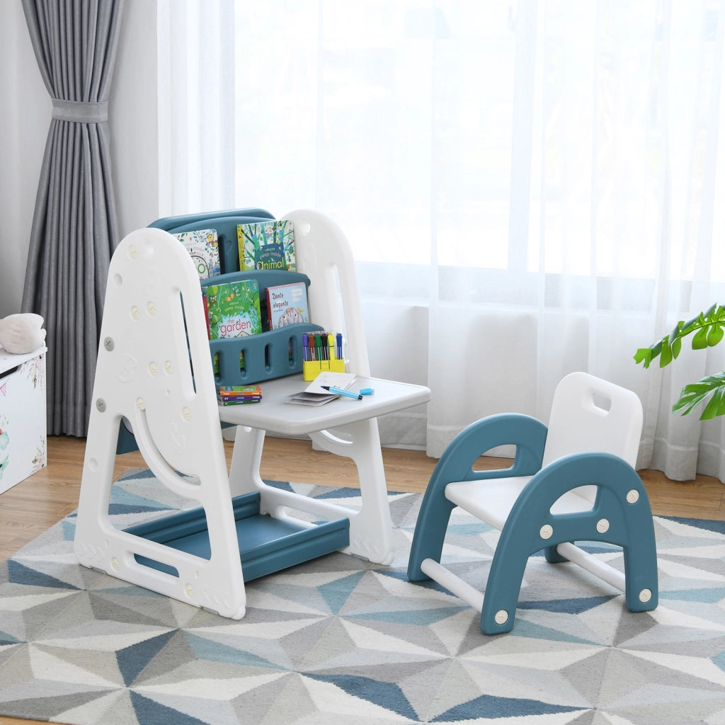Cavalletto per dipingere 2 in 1 per bambini, Lavagna double face e libreria per bambini con sedia, Blu