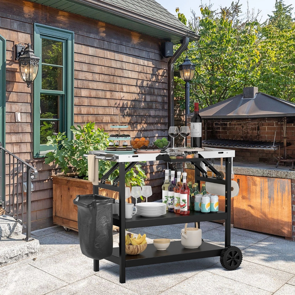 Carrello barbecue con 3 ripiani supporto reggi cellulare portaspezie portasciugamani-Buffet-Armadio da cucina Carrello BBQ in metallo Nero