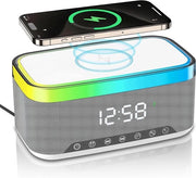 Parlante Bluetooth con ricarica senza fili e orologio digitale, display LED, ricarica Qi 15W, 2x10W speaker, 6 lampioni, BT5.3/AUX/TF/USB bianco