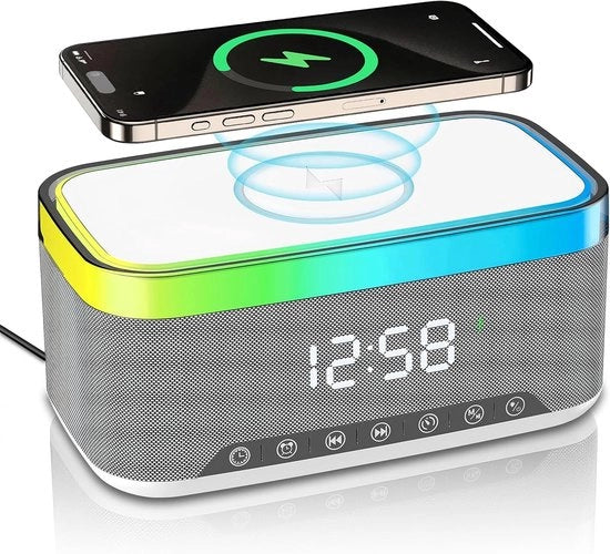 Parlante Bluetooth con ricarica senza fili e orologio digitale, display LED, ricarica Qi 15W, 2x10W speaker, 6 lampioni, BT5.3/AUX/TF/USB bianco