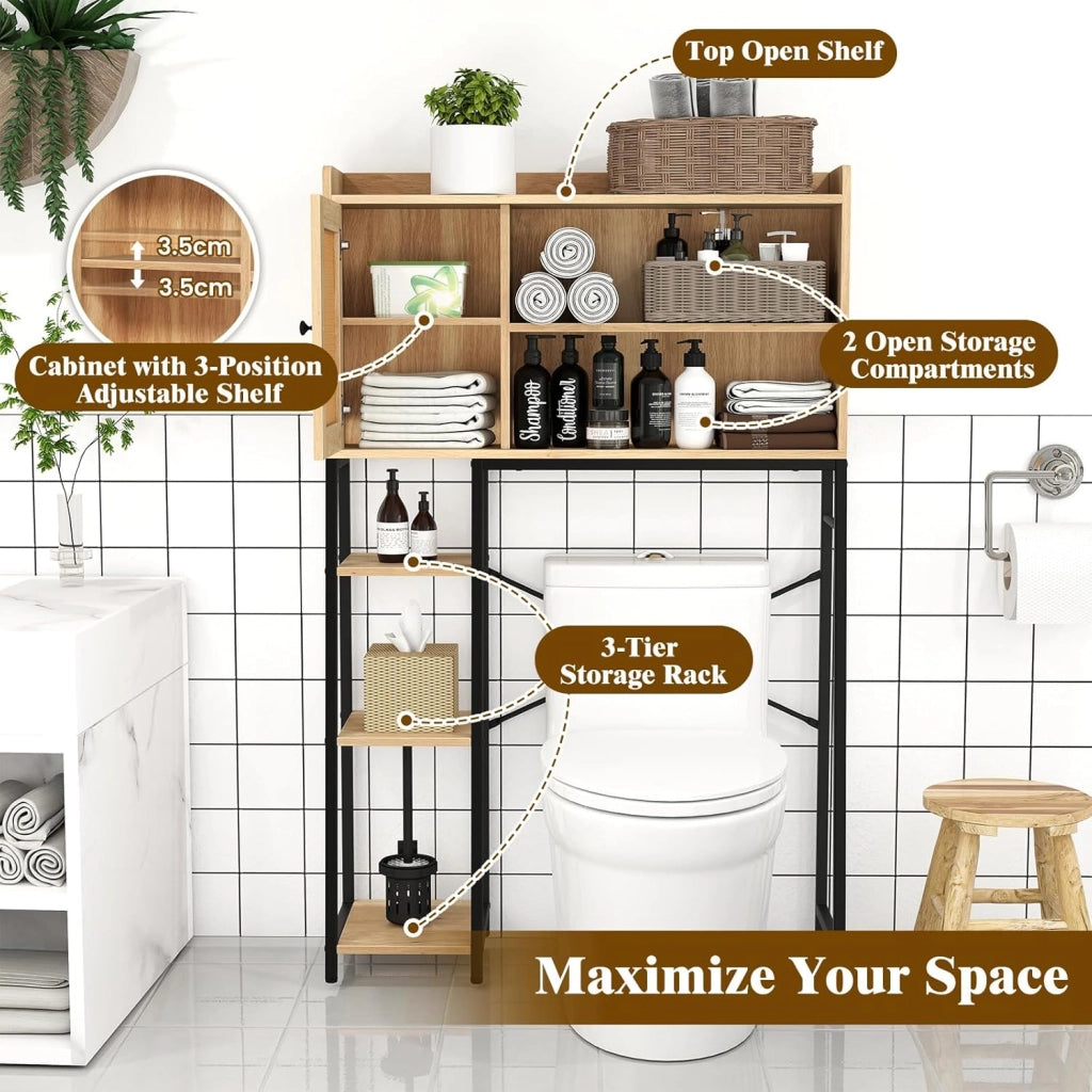 Armadio di Stoccaggio sopra il WC, Scaffale Organizzatore da Bagno con Dispositivi Anti-ribaltamento, Struttura Resistente, Ripiano Regolabile, Portaoggetti Salvaspazio per WC