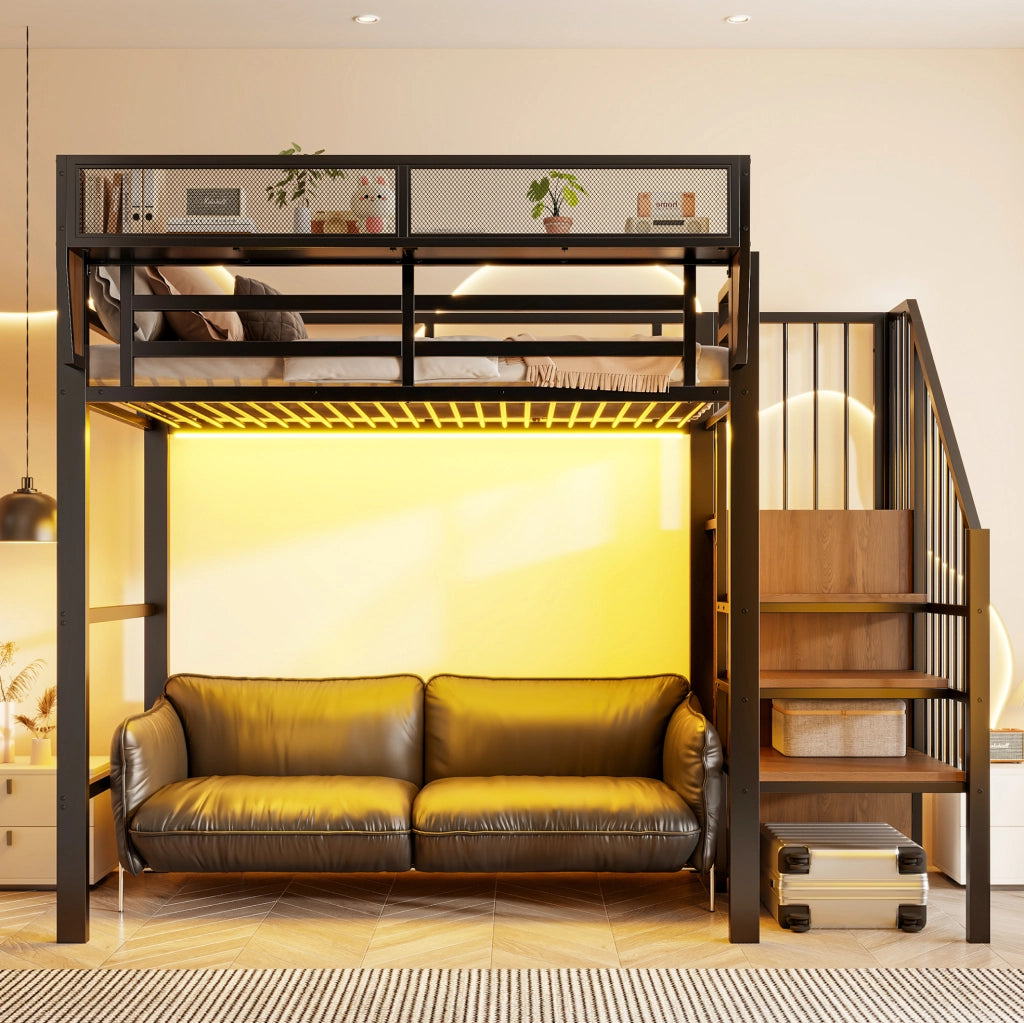 Letto a soppalco 90x200 cm con LED e scala di sicurezza in metallo nero