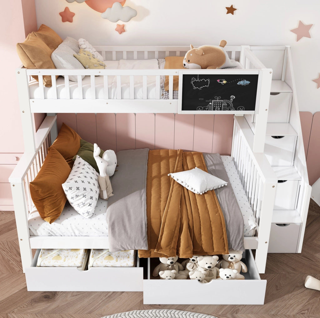Letto a castello per bambini 90x200 e 140x200 cm con lavagna e cassetti bianco