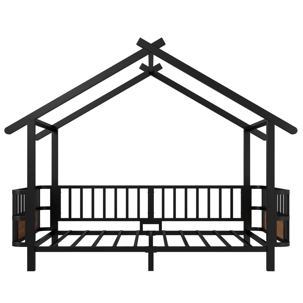 Letto a casetta 90x200 cm con sbarre di sicurezza in metallo nero