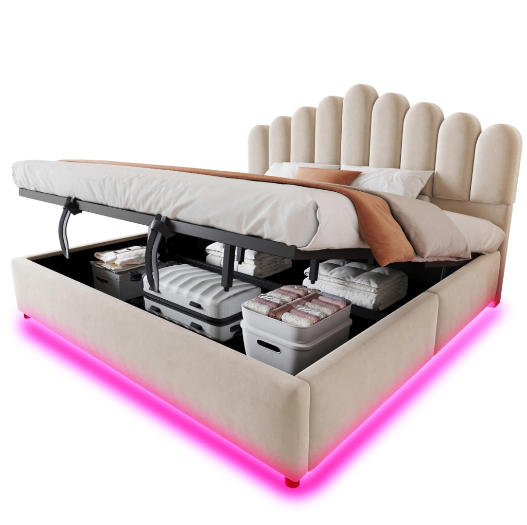 Letto imbottito 180x200 cm con contenitore idraulico; LED; velluto beige