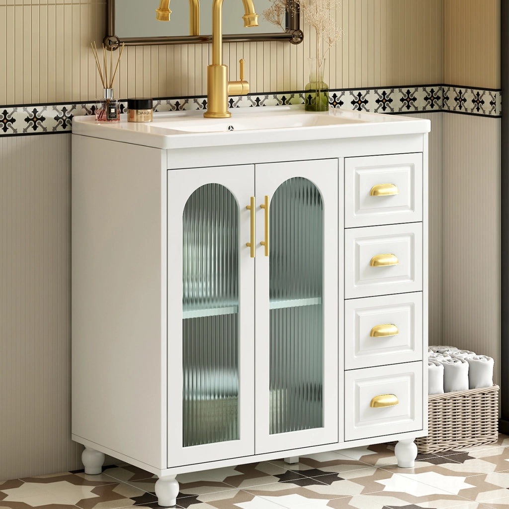 Mobile bagno bianco 80 cm con lavabo in ceramica e doppio vano