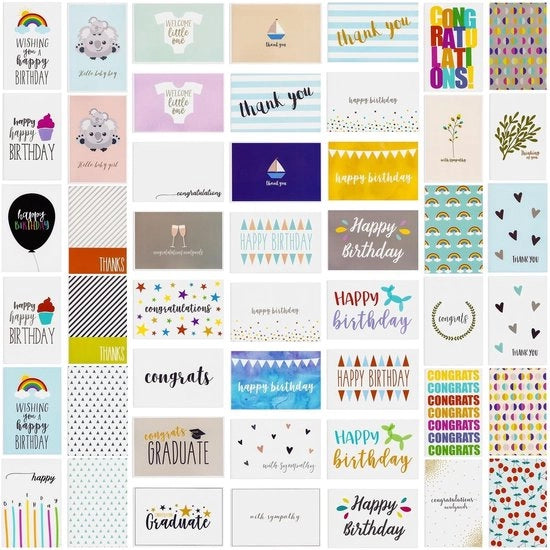 Assortimento di Carte da Invito Colorate - 144 Pezzi - Adatte a Tutte le Occasioni - Inclusa Busta - Disegni Vivaci - Utile per Feste di Compleanno e Altro