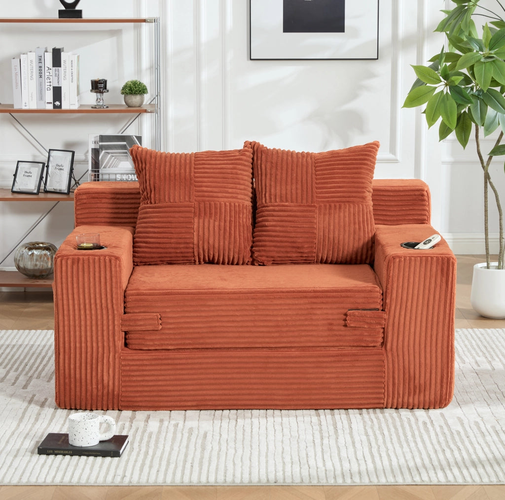 DIVANO Pouf 151x133x64 cm in velluto a coste arancione con 2 cuscini