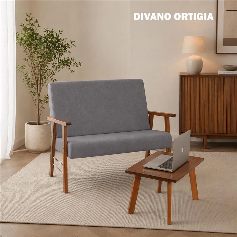 SET SALOTTO DA GIARDINO CON DIVANO, 2 POLTRONE + TAVOLINO IN LEGNO TABACCO E TESSUTO COLORE GRIGIO