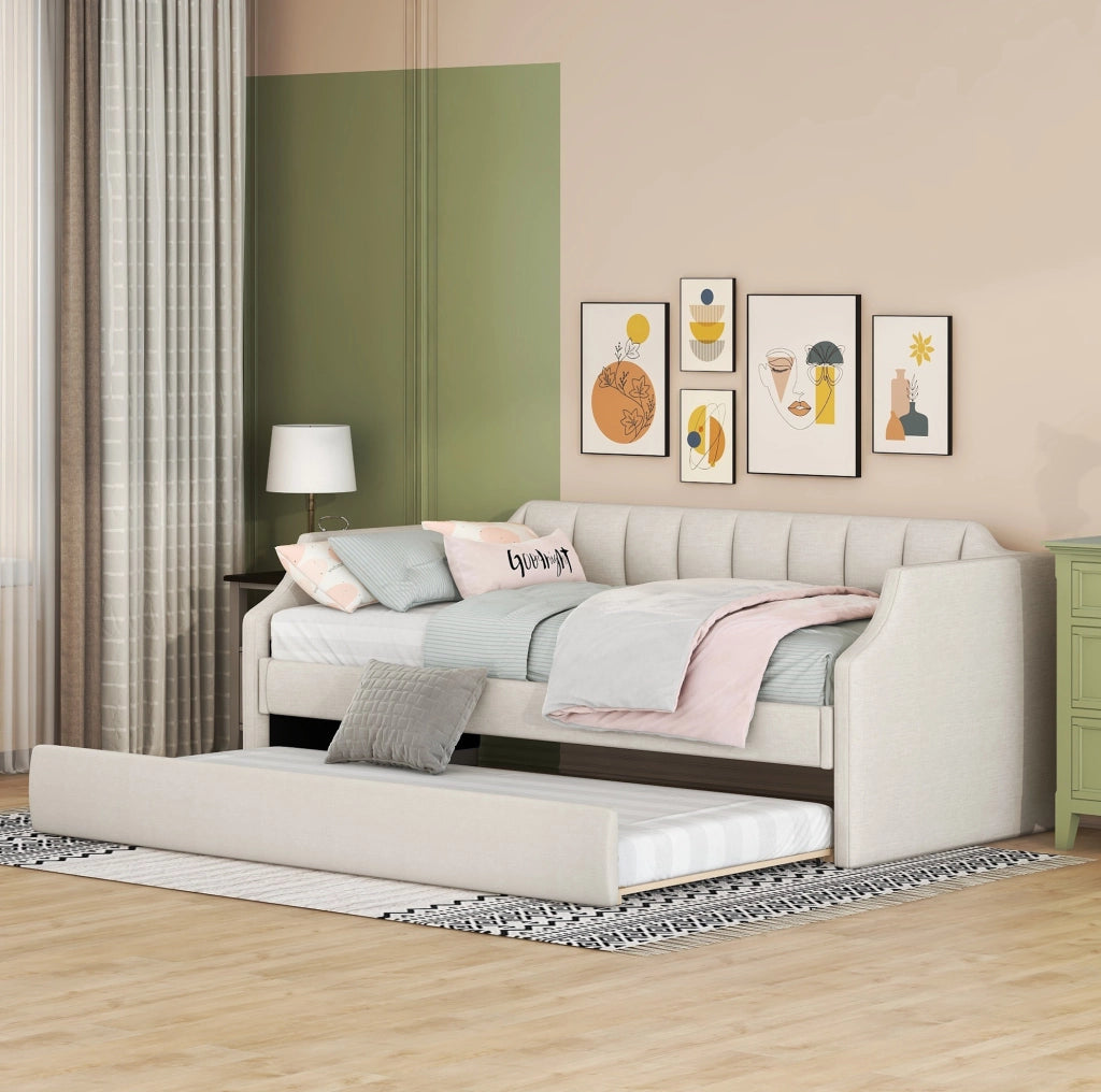 Letto daybed imbottito con letto estraibile, beige, 90 x 200 cm