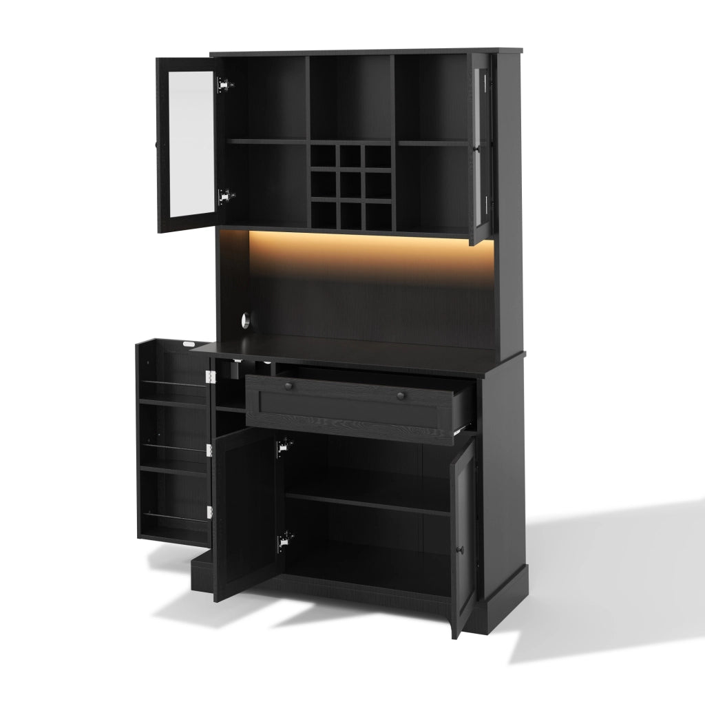 Credenza cucina alta 180x105x40 cm con LED; prese USB e AC; MDF nero