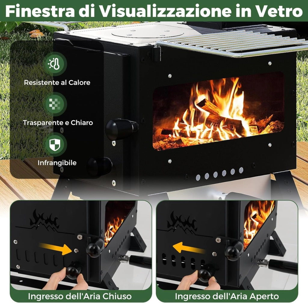 Barbecue a Carbonella, Stufa a Legna Portatile con Porta Pentole, Teglia da Forno e 2 Griglie, Grill da Esterno per Campeggio e Viaggio in Camper, Escursioni, 54 x 36 x 44 cm
