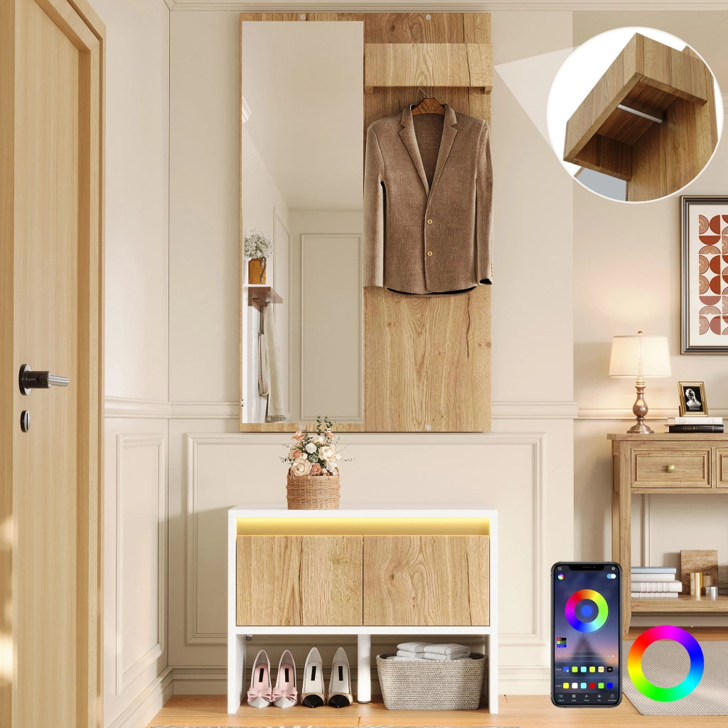 Mobile da ingresso con specchio, appendiabiti, panca portascarpe e 2 cassetti, bianco e naturale, 60 × 38 × 145 cm