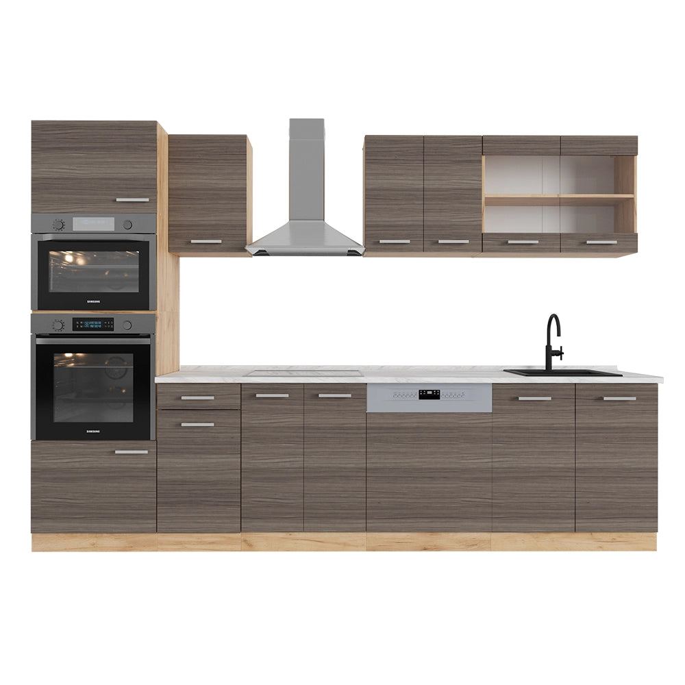 Vicco Cucina componibile Grigio nobile/rovere dorato 300 cm con armadio alto, PL Marmo